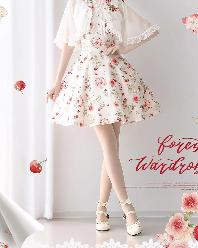 Summer Berry Picture Book - Elegant Classic Lolita Dress Halter Neckline Floral Print Dress - Image 10