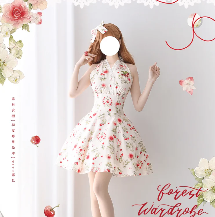 Summer Berry Picture Book - Elegant Classic Lolita Dress Halter Neckline Floral Print Dress - Image 11