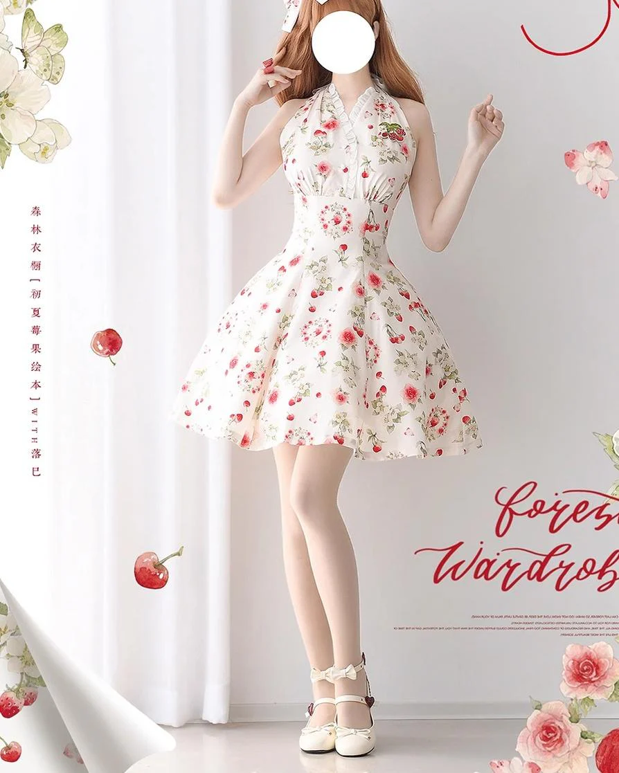 Summer Berry Picture Book - Elegant Classic Lolita Dress Halter Neckline Floral Print Dress - Image 12