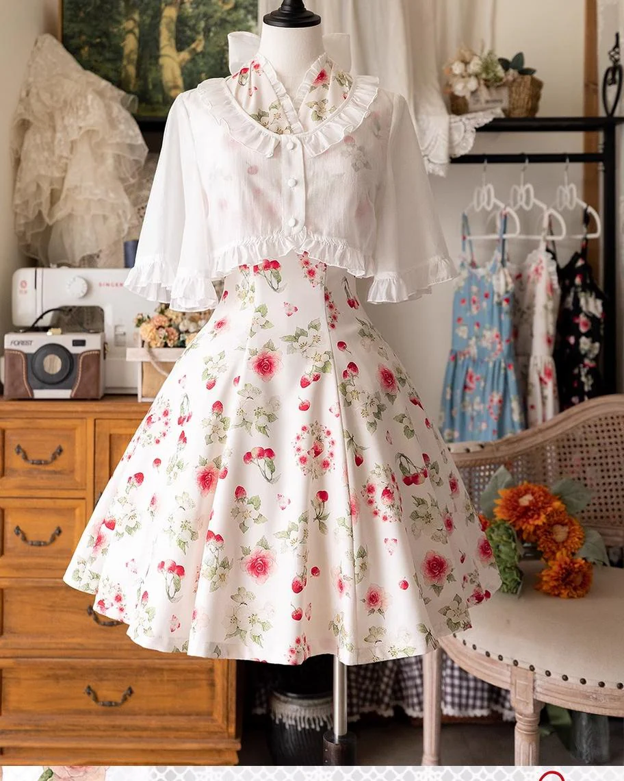 Summer Berry Picture Book - Elegant Classic Lolita Dress Halter Neckline Floral Print Dress - Image 17