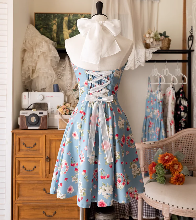Summer Berry Picture Book - Elegant Classic Lolita Dress Halter Neckline Floral Print Dress - Image 5