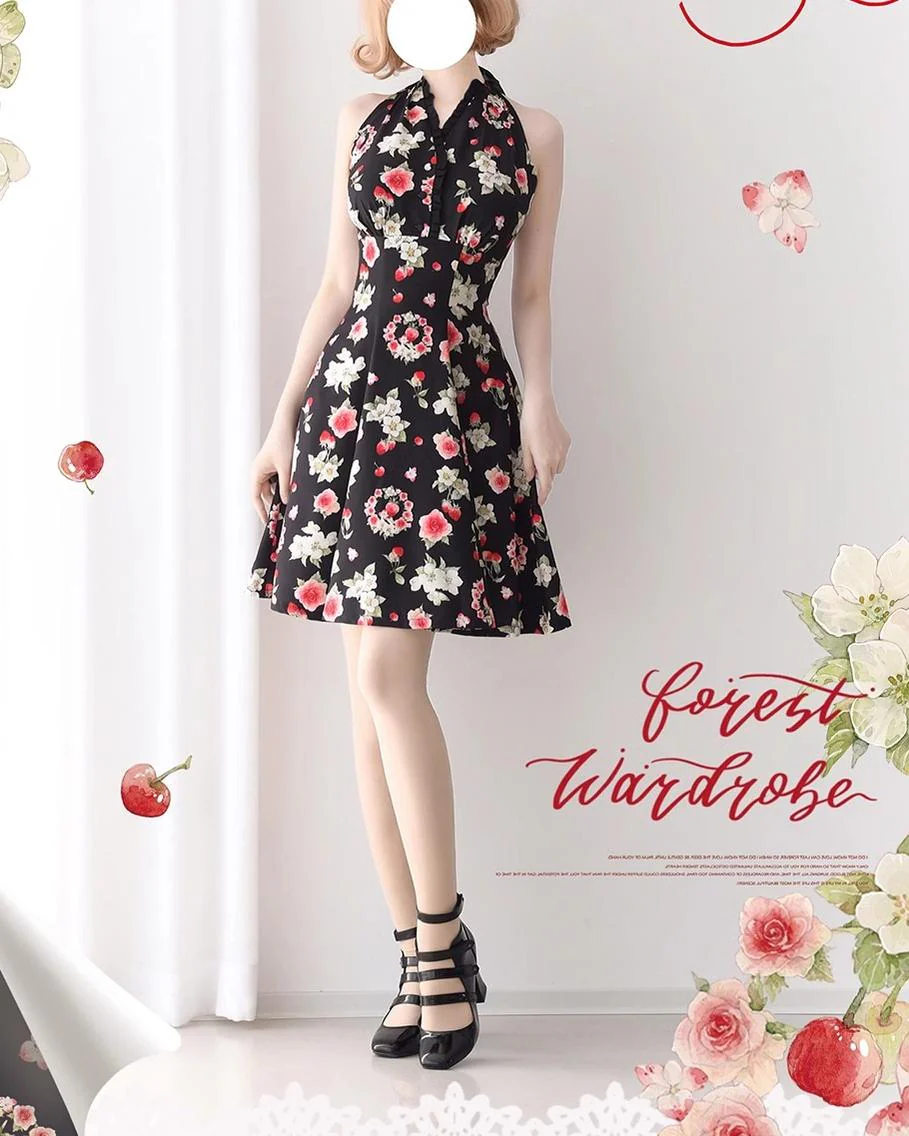 Summer Berry Picture Book - Elegant Classic Lolita Dress Halter Neckline Floral Print Dress - Image 8