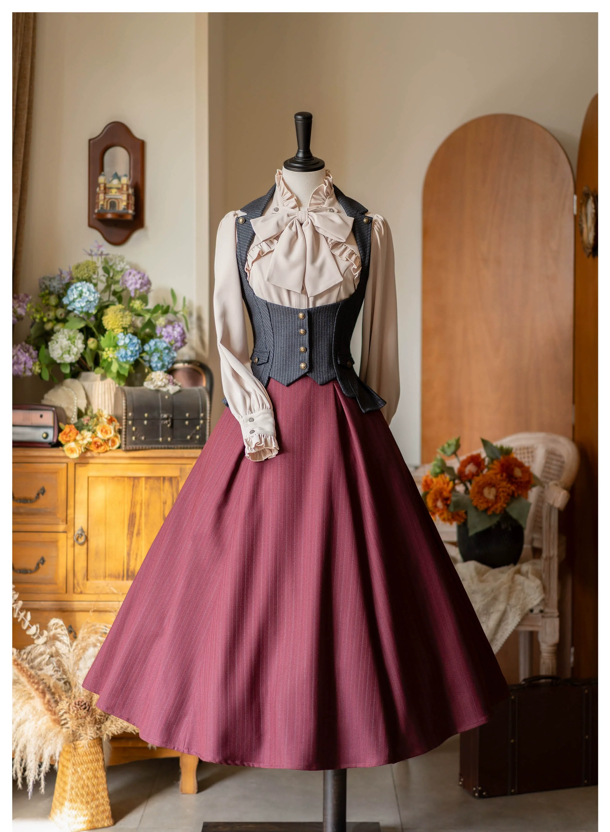 Forest Log - Classic Lolita Fishbone Striped Skirt, Side Pockets - Image 3