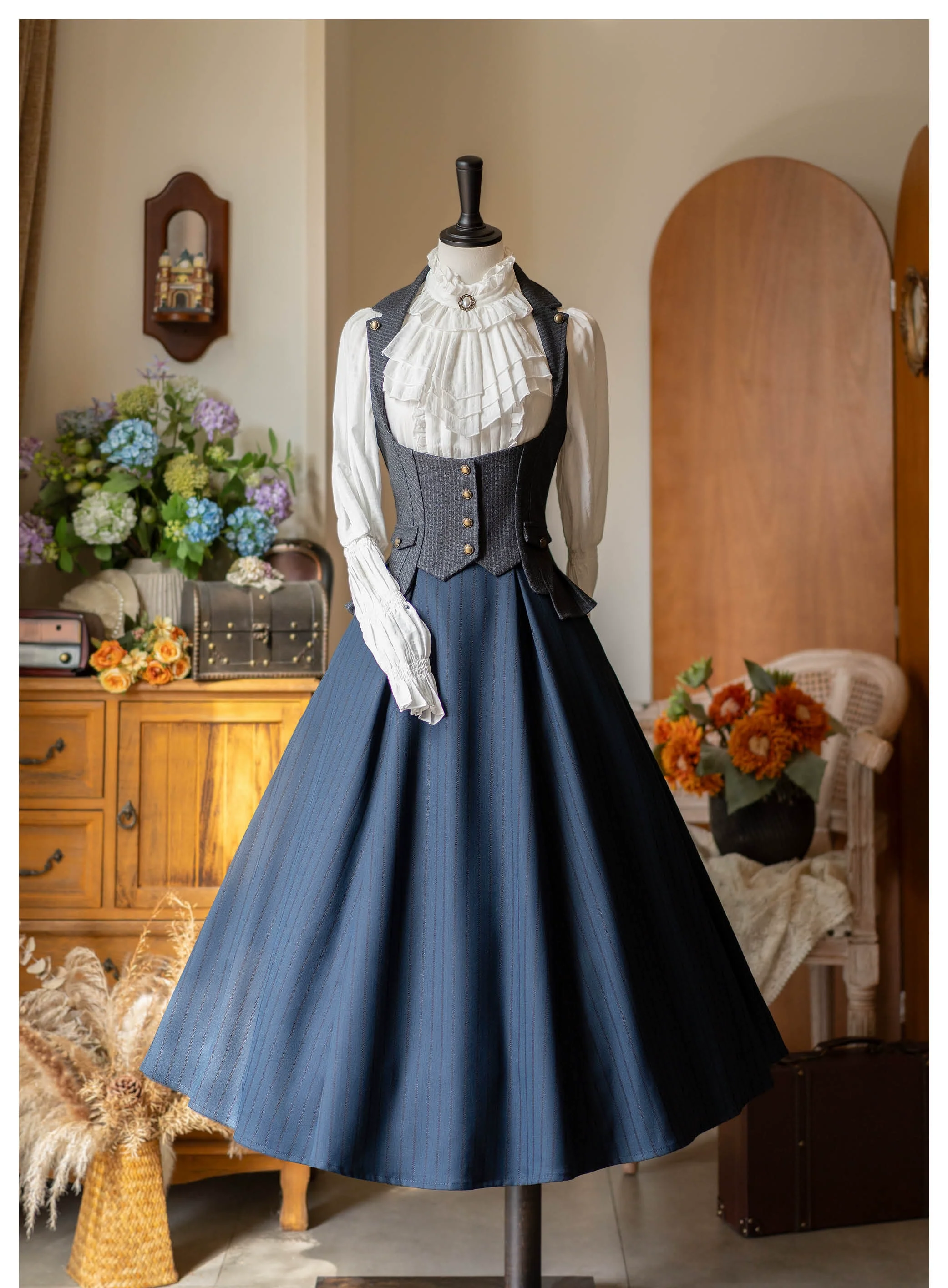 Forest Log - Classic Lolita Fishbone Striped Skirt, Side Pockets - Image 4