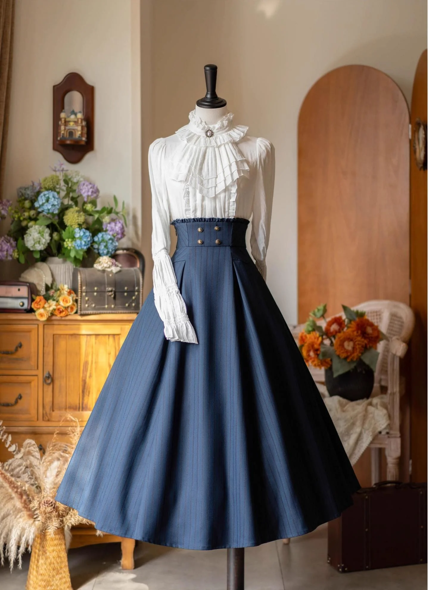 Forest Log - Classic Lolita Fishbone Striped Skirt, Side Pockets - Image 5