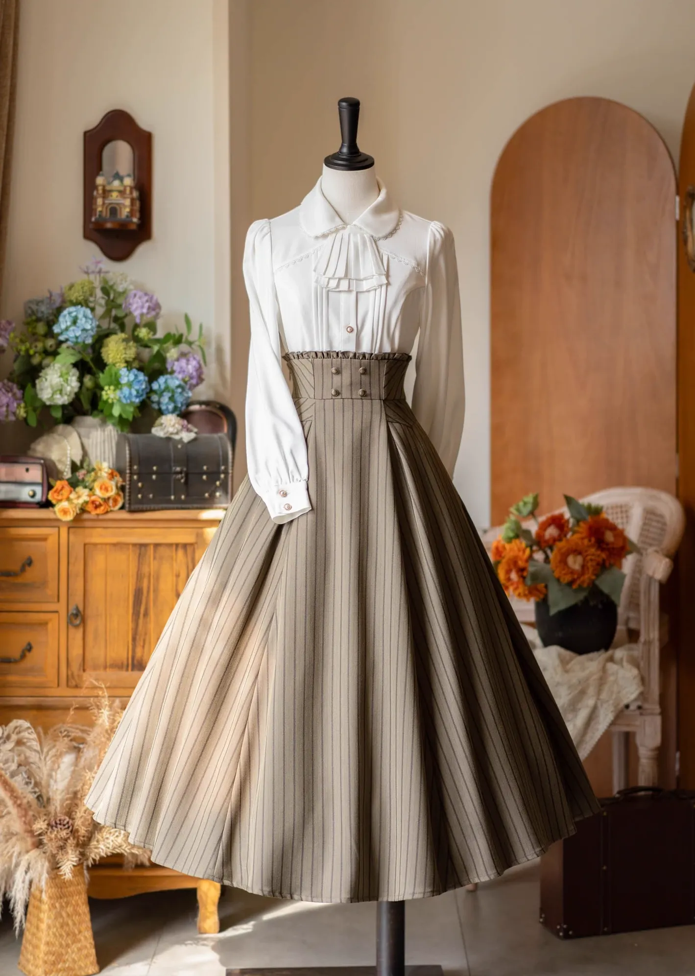 Forest Log - Classic Lolita Fishbone Striped Skirt, Side Pockets - Image 7