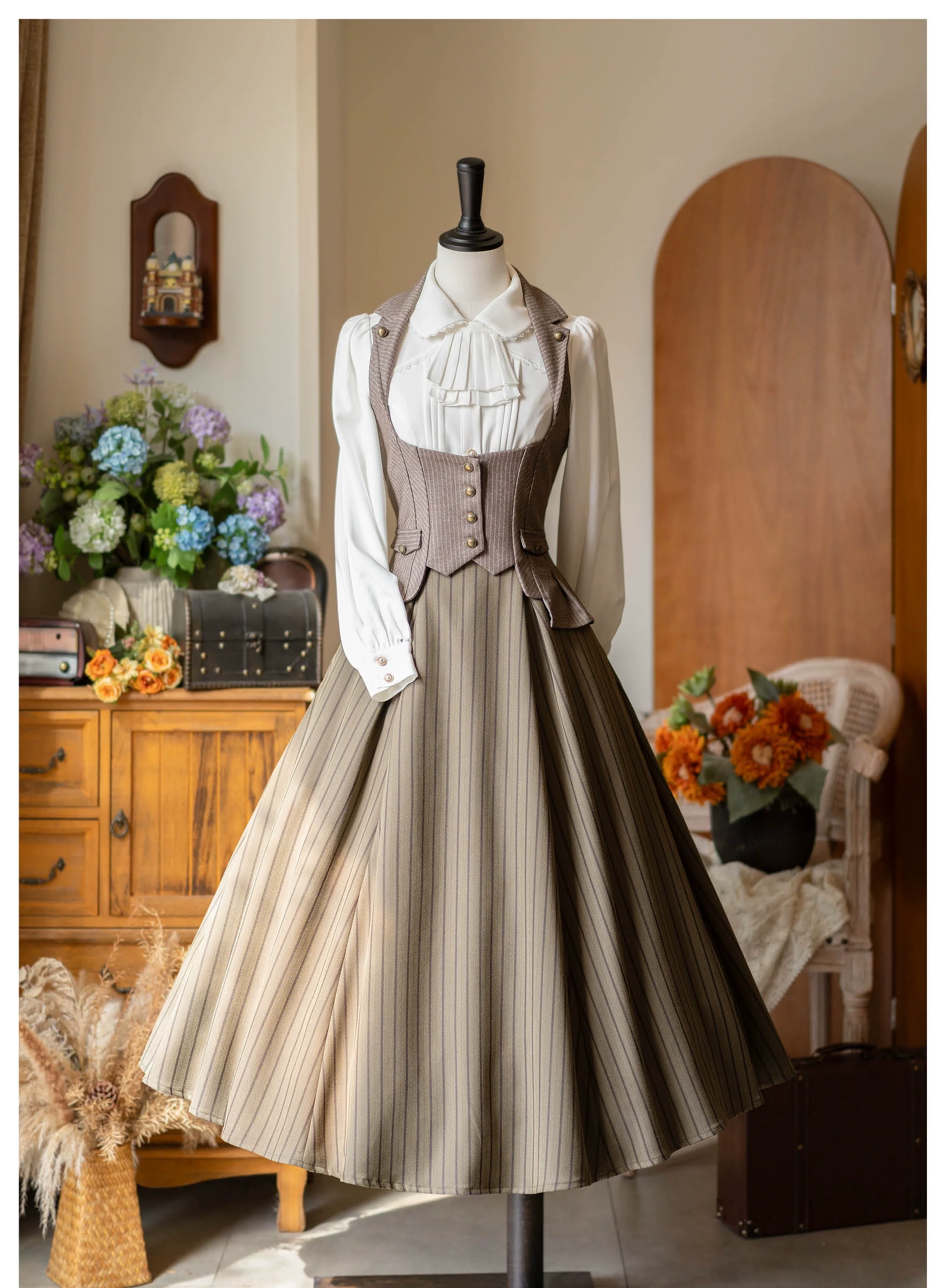 Forest Log - Classic Lolita Fishbone Striped Skirt, Side Pockets - Image 8