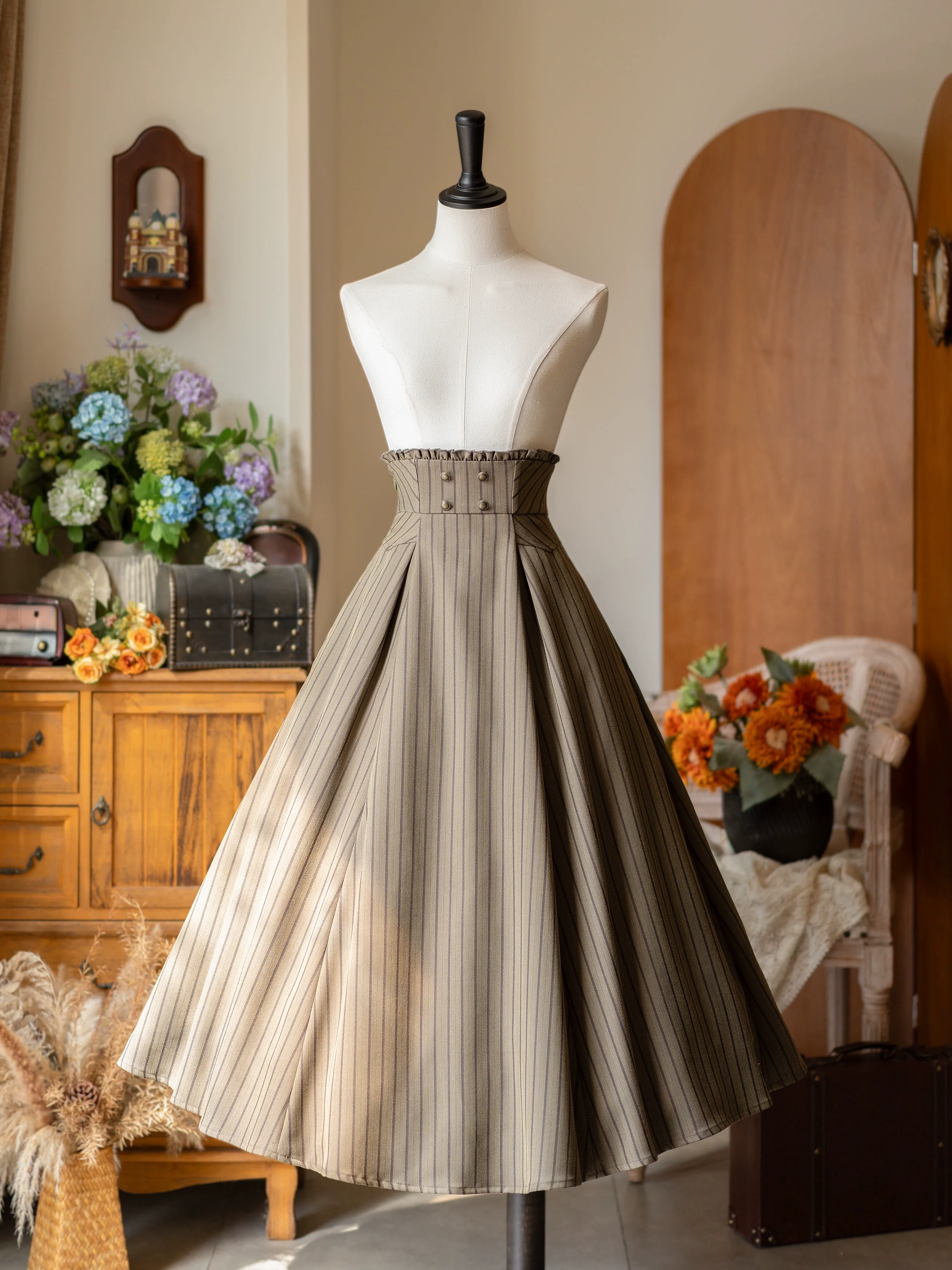 Forest Log - Classic Lolita Fishbone Striped Skirt, Side Pockets - Image 9