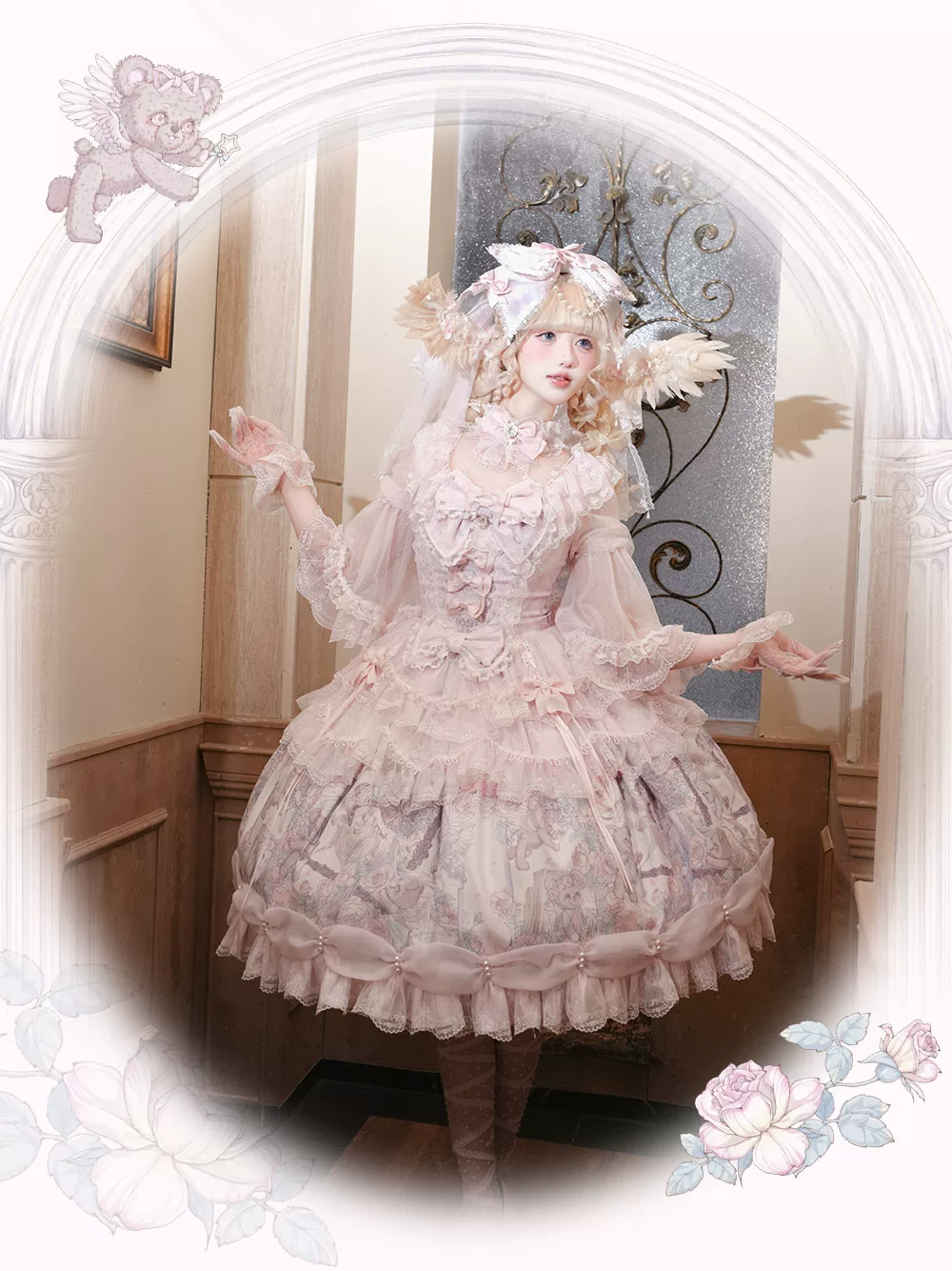 Eden - Classic Lolita Gorgeous JSK & OP, Angel Bear Print Dress - Image 4