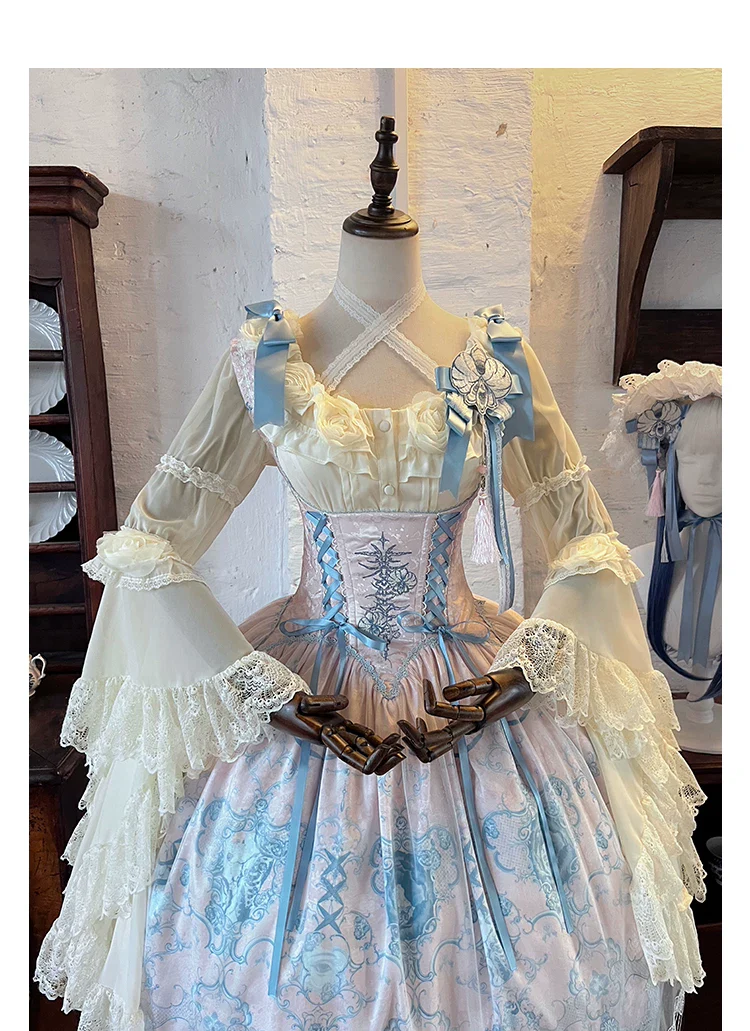 Linglong Porcelain - Classic Lolita Halter Neck Blouse, Detachable Shawl - Image 11
