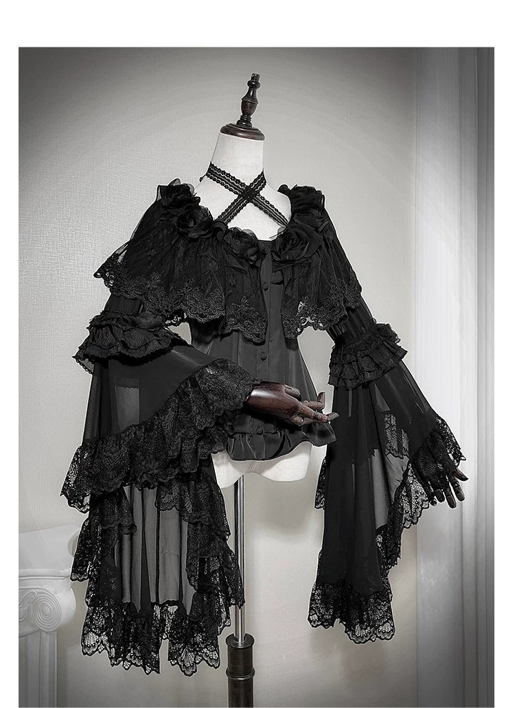 Linglong Porcelain - Classic Lolita Halter Neck Blouse, Detachable Shawl - Image 13