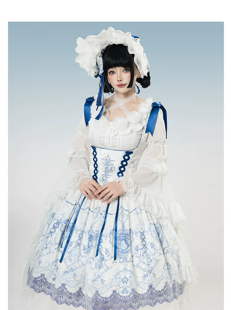 Linglong Porcelain - Classic Lolita Halter Neck Blouse, Detachable Shawl - Image 19
