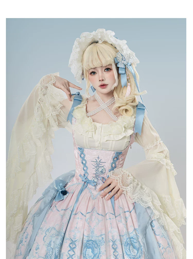 Linglong Porcelain - Classic Lolita Halter Neck Blouse, Detachable Shawl - Image 22