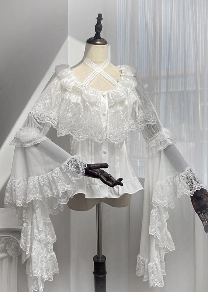 Linglong Porcelain - Classic Lolita Halter Neck Blouse, Detachable Shawl - Image 4
