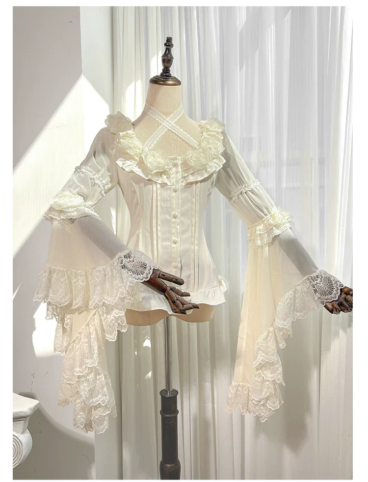 Linglong Porcelain - Classic Lolita Halter Neck Blouse, Detachable Shawl - Image 9