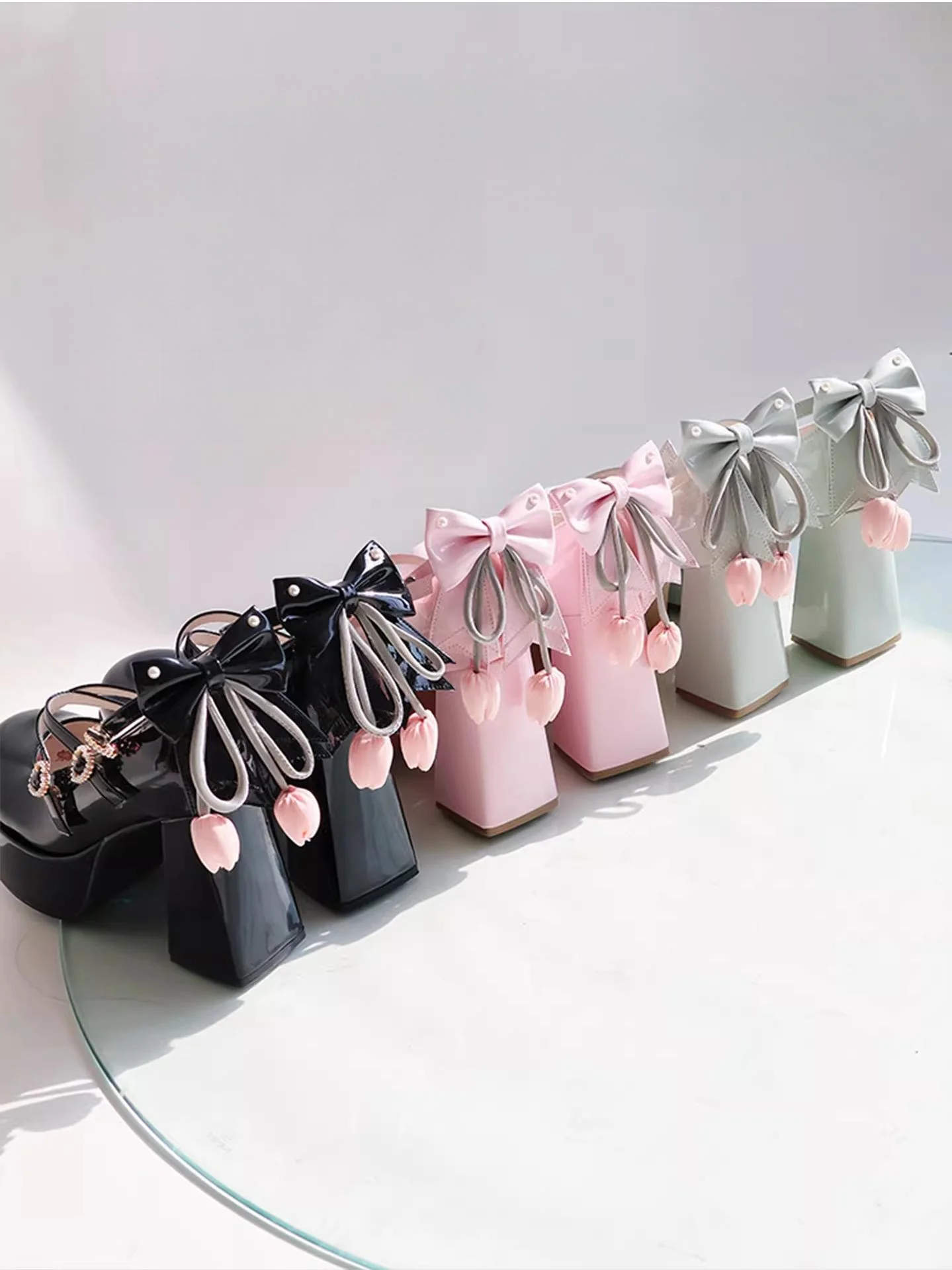 Whispering Tulip - Classic Lolita Heel Shoes, Detachable Tulip Bow - Image 4