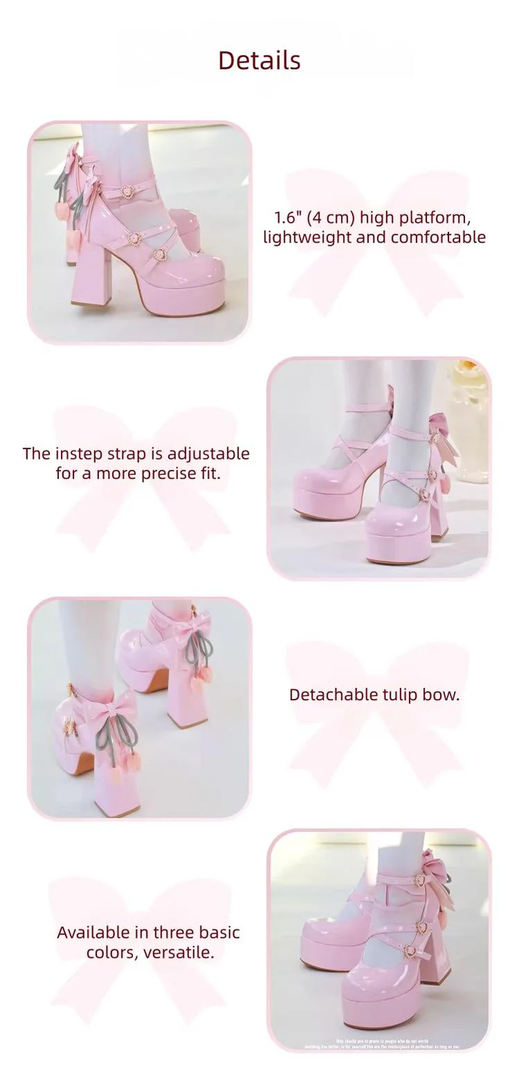 Whispering Tulip - Classic Lolita Heel Shoes, Detachable Tulip Bow - Image 5