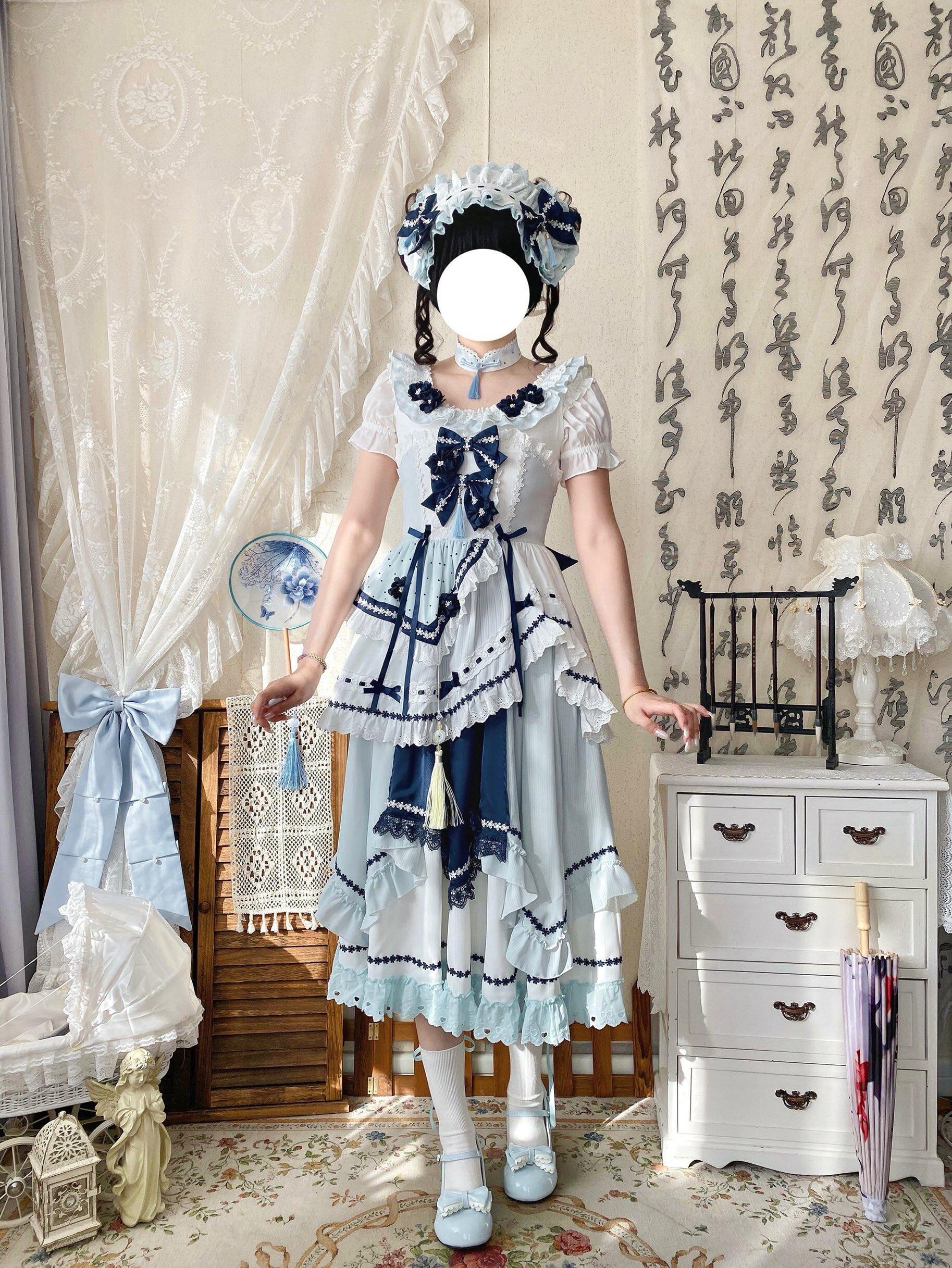 Blue and White Dream - Classic Lolita JSK Dress, Irregular Layered Hem - Image 5