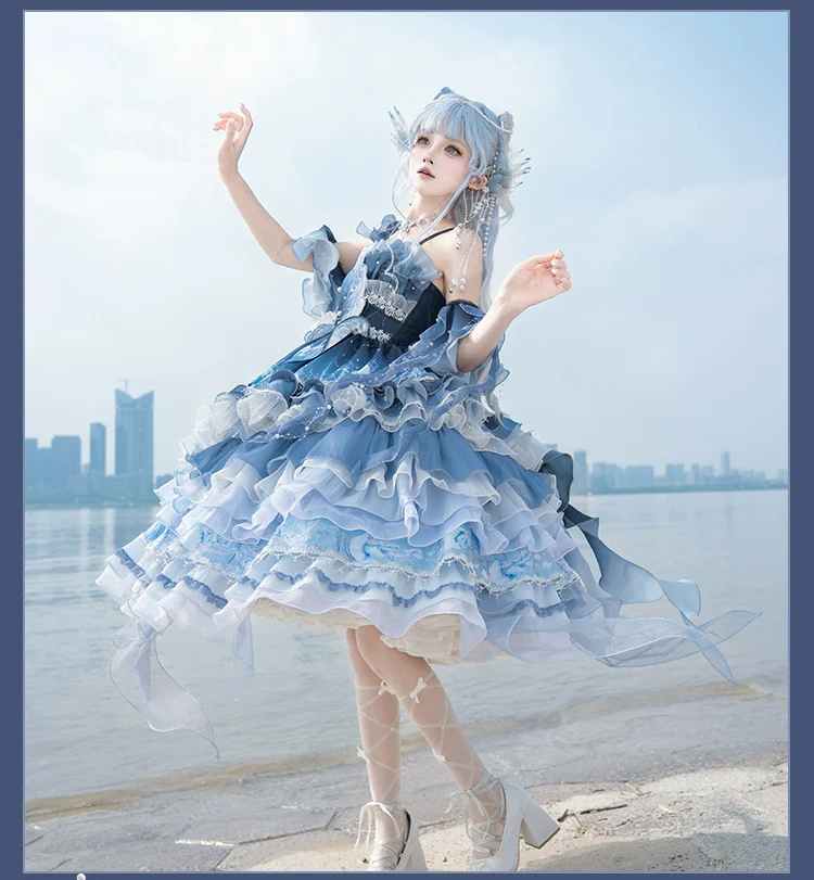 Blue Breath Jellyfish - Classic Lolita Jumper Dress, Side Zipper - Image 10