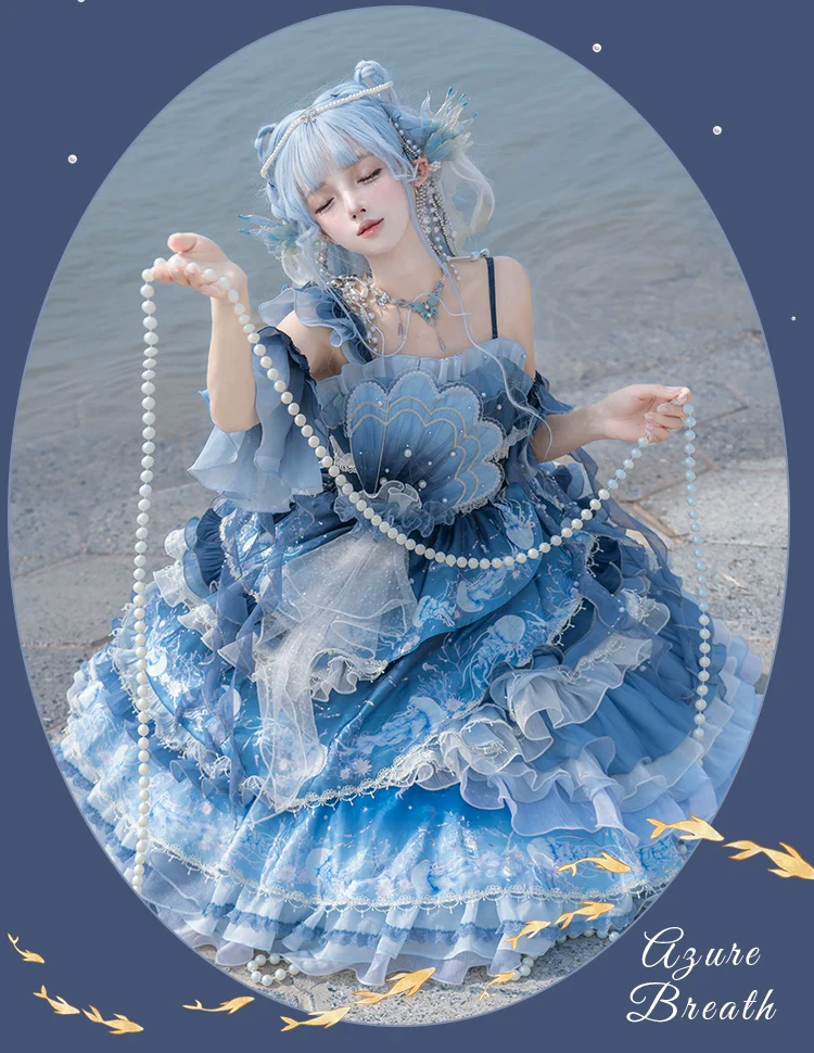 Blue Breath Jellyfish - Classic Lolita Jumper Dress, Side Zipper - Image 11