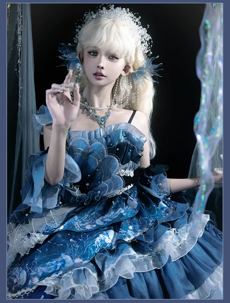 Blue Breath Jellyfish - Classic Lolita Jumper Dress, Side Zipper - Image 15