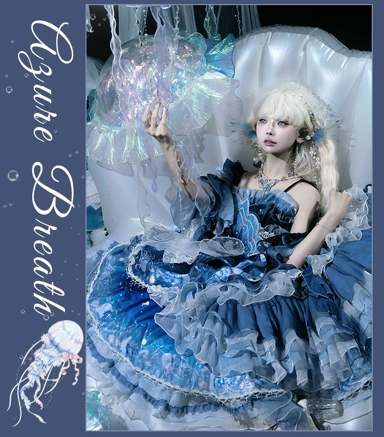 Blue Breath Jellyfish - Classic Lolita Jumper Dress, Side Zipper - Image 16