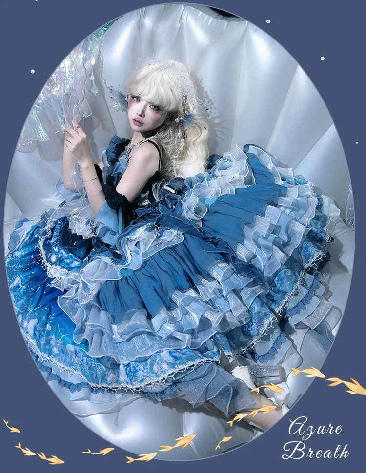 Blue Breath Jellyfish - Classic Lolita Jumper Dress, Side Zipper - Image 17