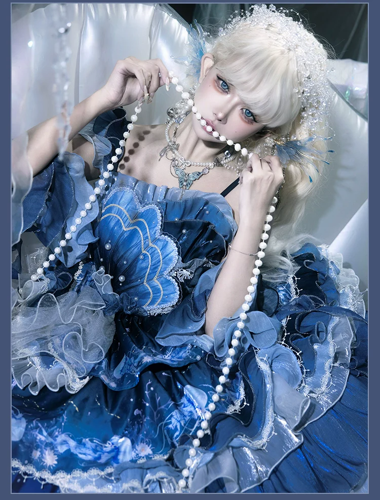 Blue Breath Jellyfish - Classic Lolita Jumper Dress, Side Zipper - Image 18