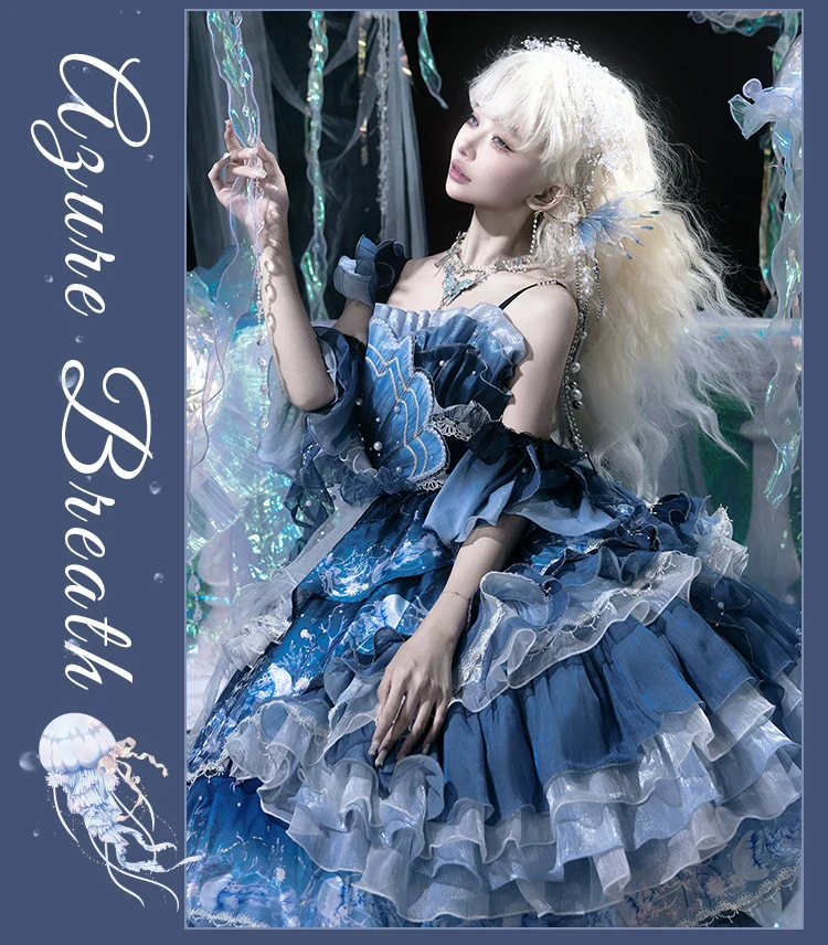 Blue Breath Jellyfish - Classic Lolita Jumper Dress, Side Zipper - Image 19