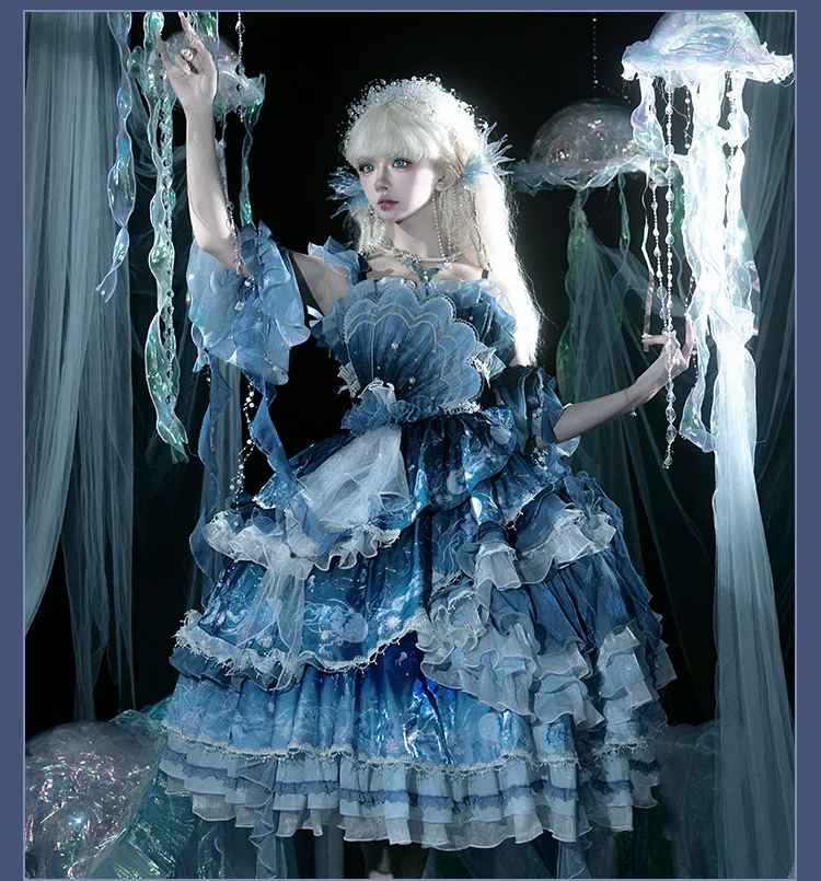 Blue Breath Jellyfish - Classic Lolita Jumper Dress, Side Zipper - Image 20