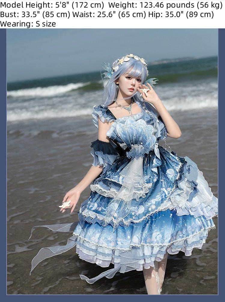Blue Breath Jellyfish - Classic Lolita Jumper Dress, Side Zipper - Image 23