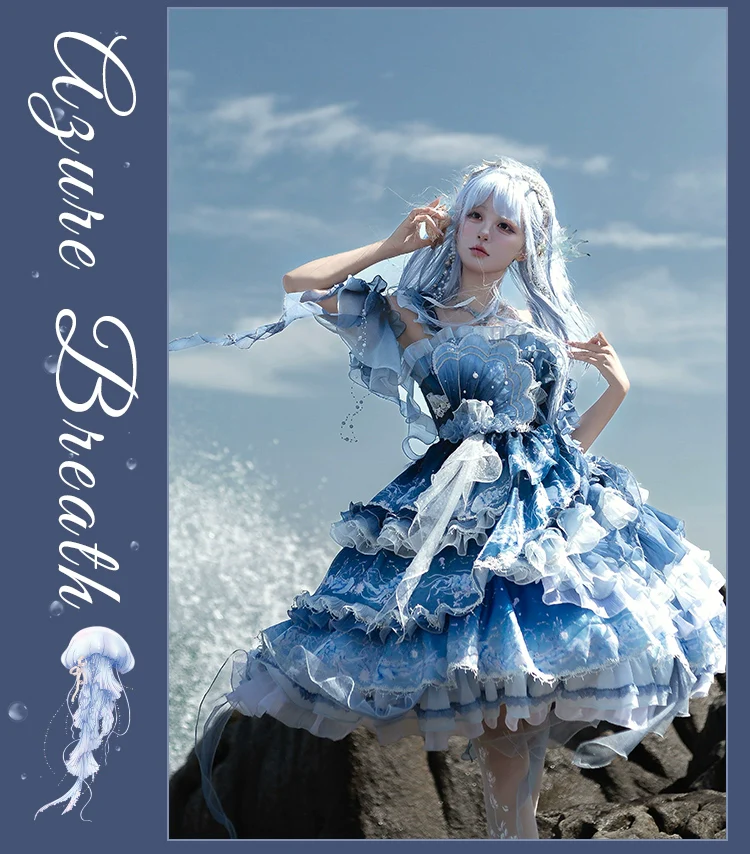 Blue Breath Jellyfish - Classic Lolita Jumper Dress, Side Zipper - Image 25