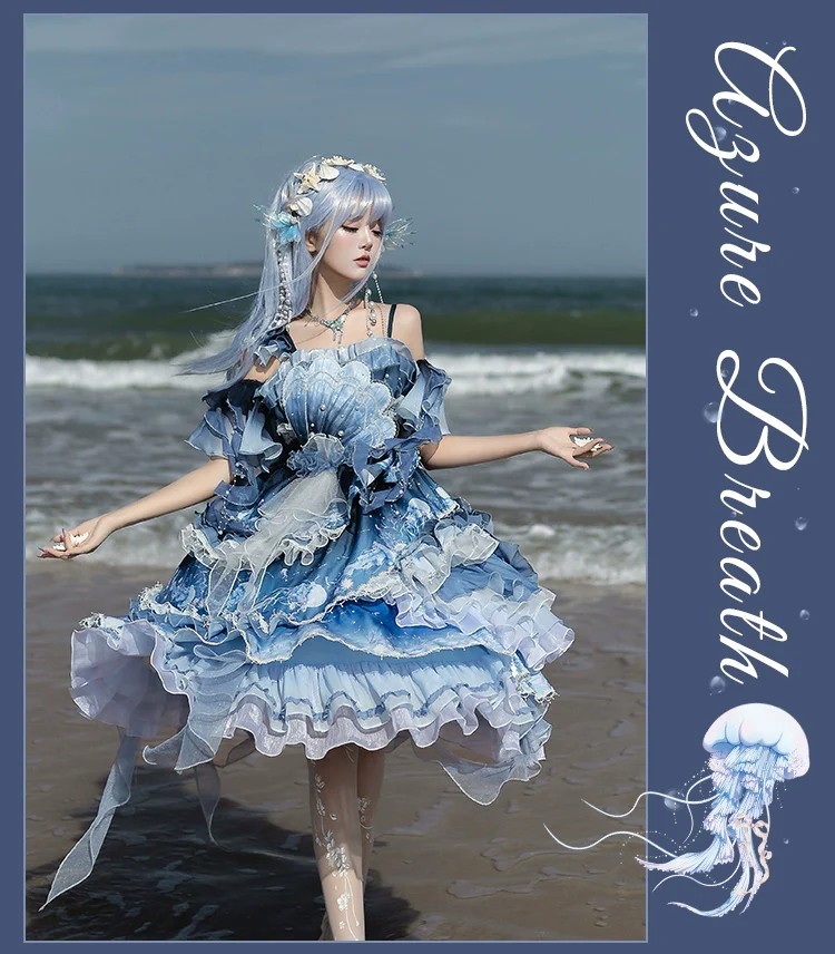 Blue Breath Jellyfish - Classic Lolita Jumper Dress, Side Zipper - Image 28