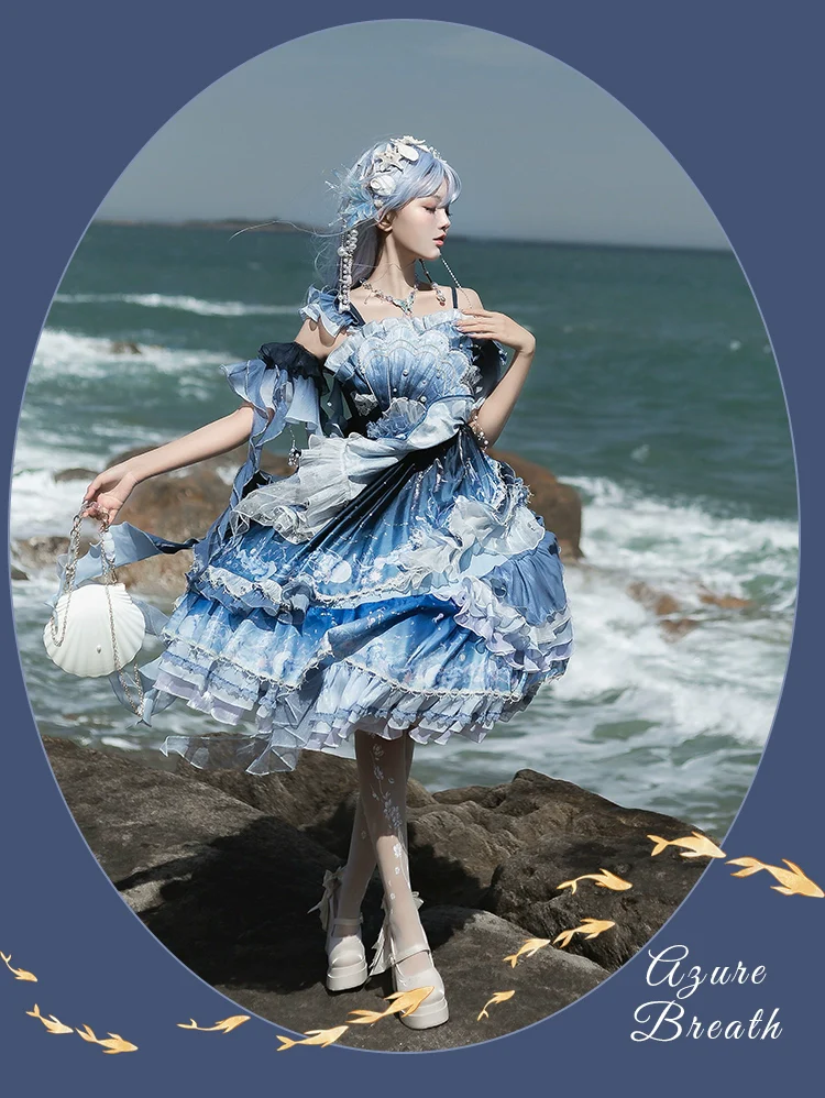 Blue Breath Jellyfish - Classic Lolita Jumper Dress, Side Zipper - Image 31