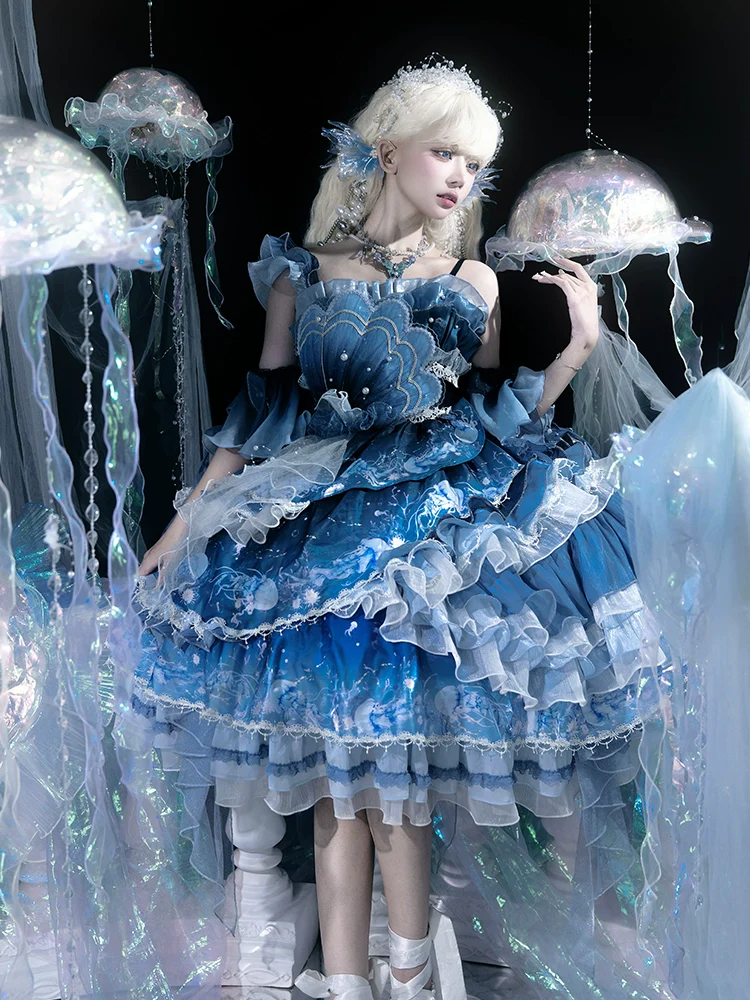 Blue Breath Jellyfish - Classic Lolita Jumper Dress, Side Zipper - Image 4