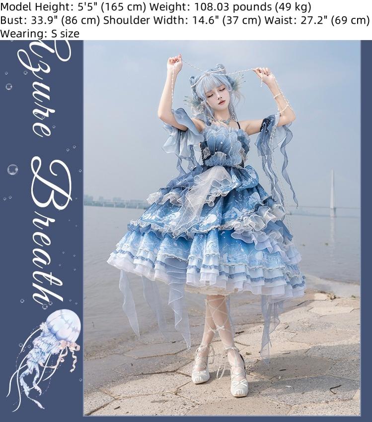 Blue Breath Jellyfish - Classic Lolita Jumper Dress, Side Zipper - Image 8