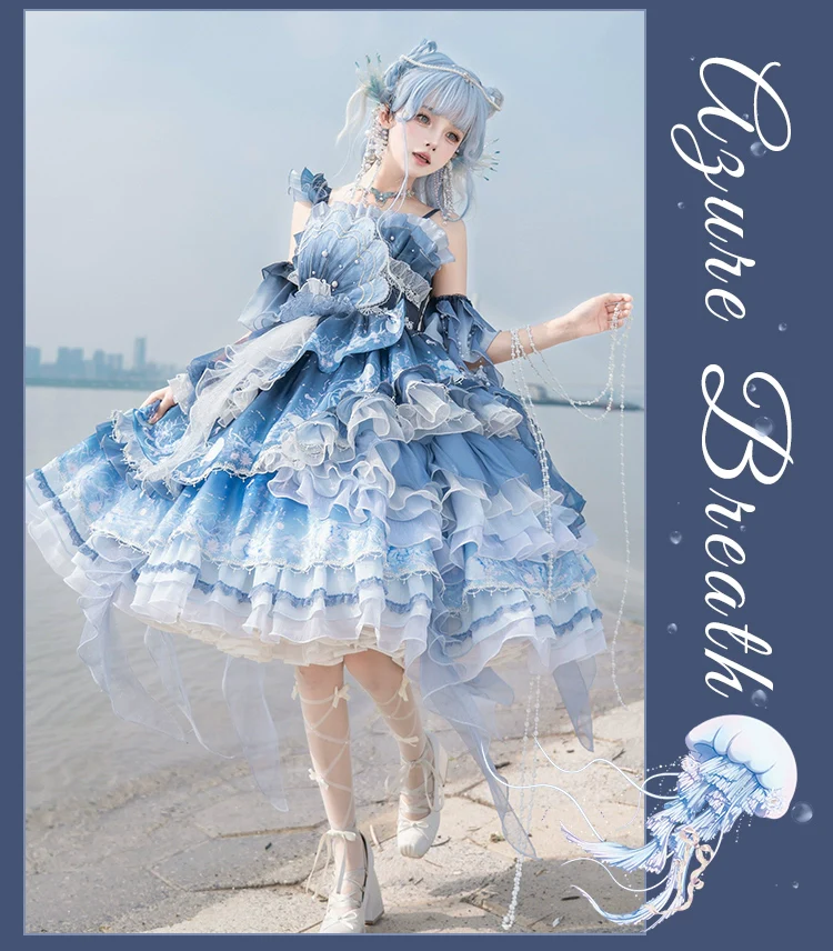 Blue Breath Jellyfish - Classic Lolita Jumper Dress, Side Zipper - Image 9