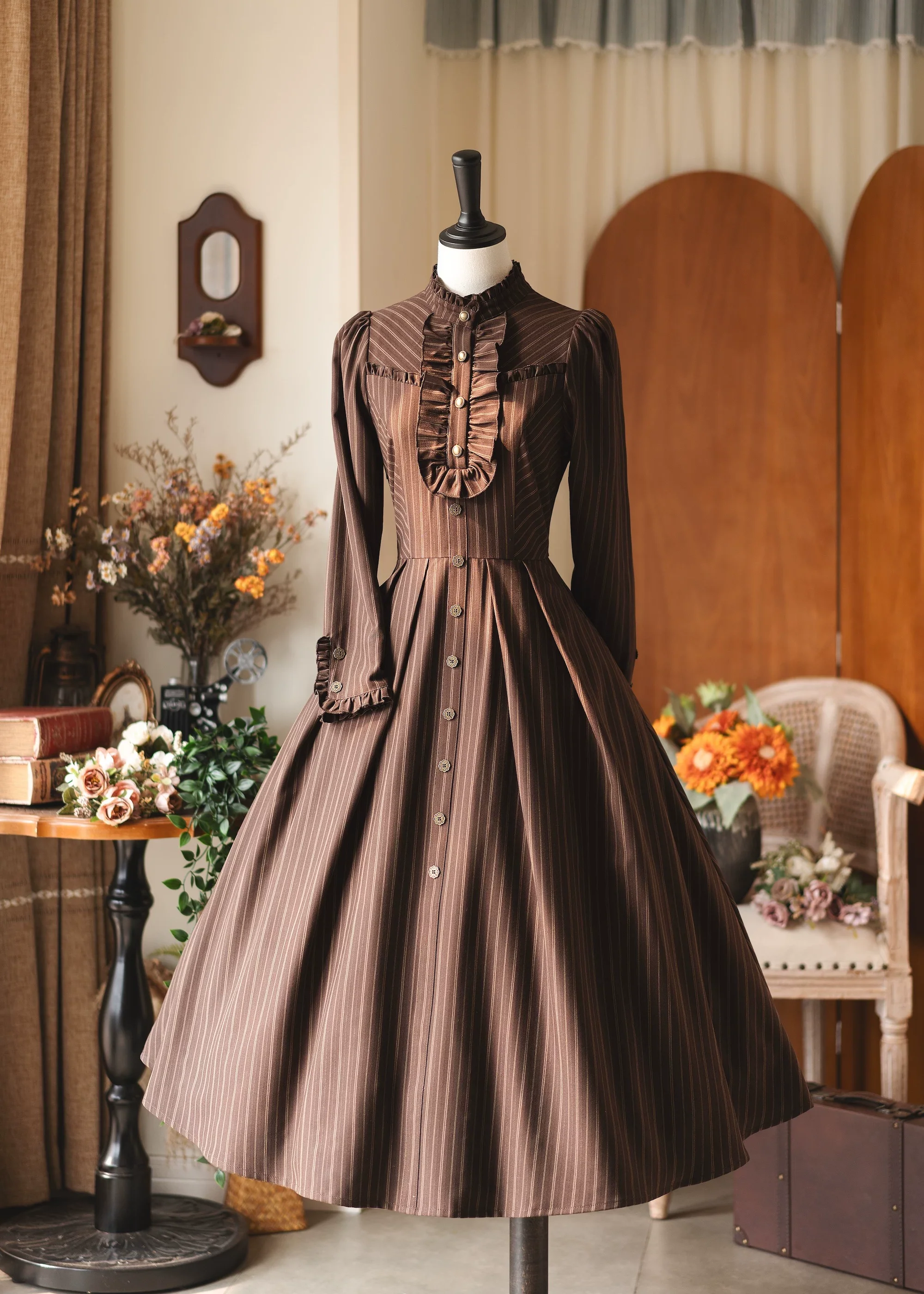 Forest Castle - Classic Lolita Long Striped Dress, Irregular Hem Vest - Image 2
