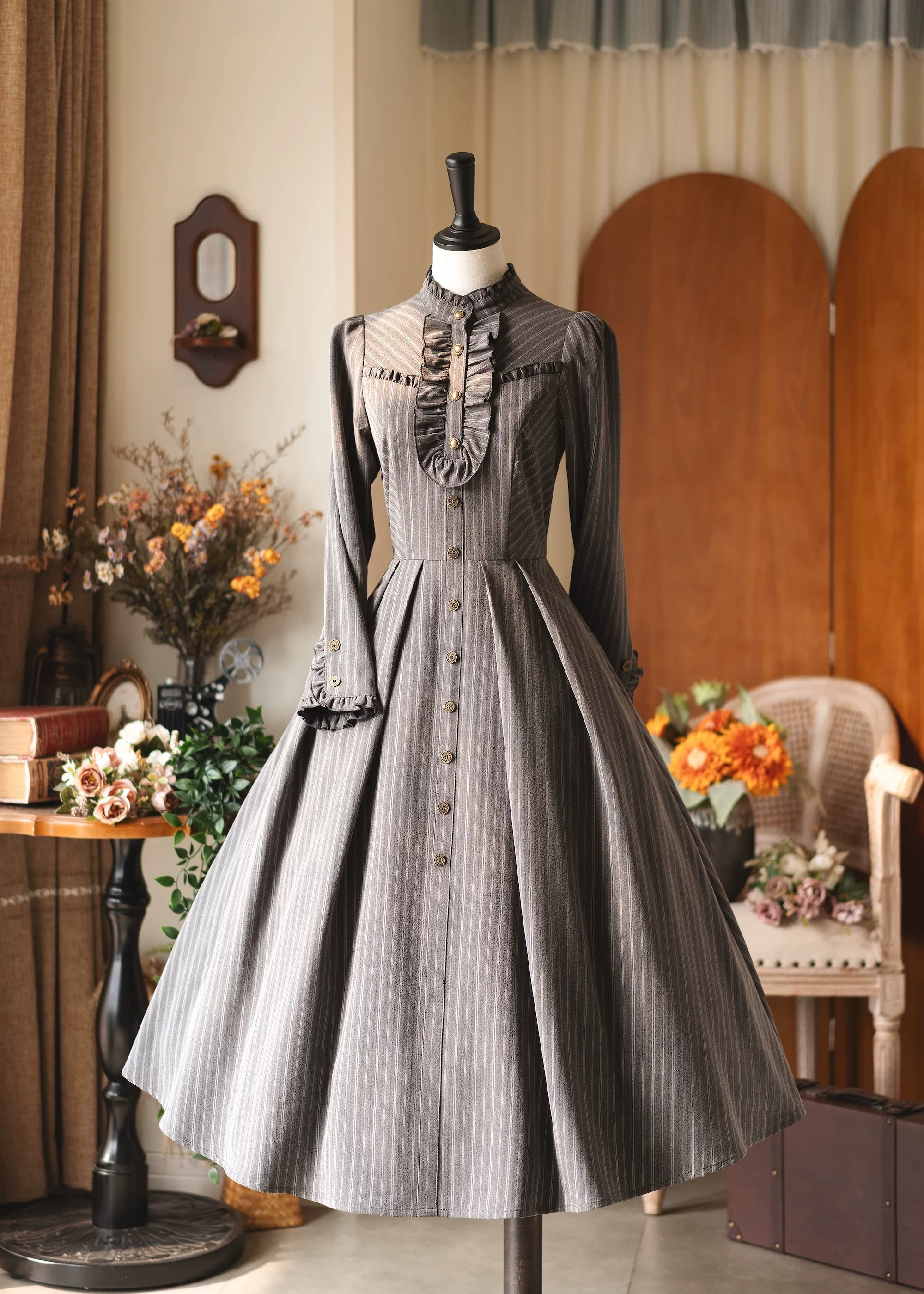 Forest Castle - Classic Lolita Long Striped Dress, Irregular Hem Vest - Image 7
