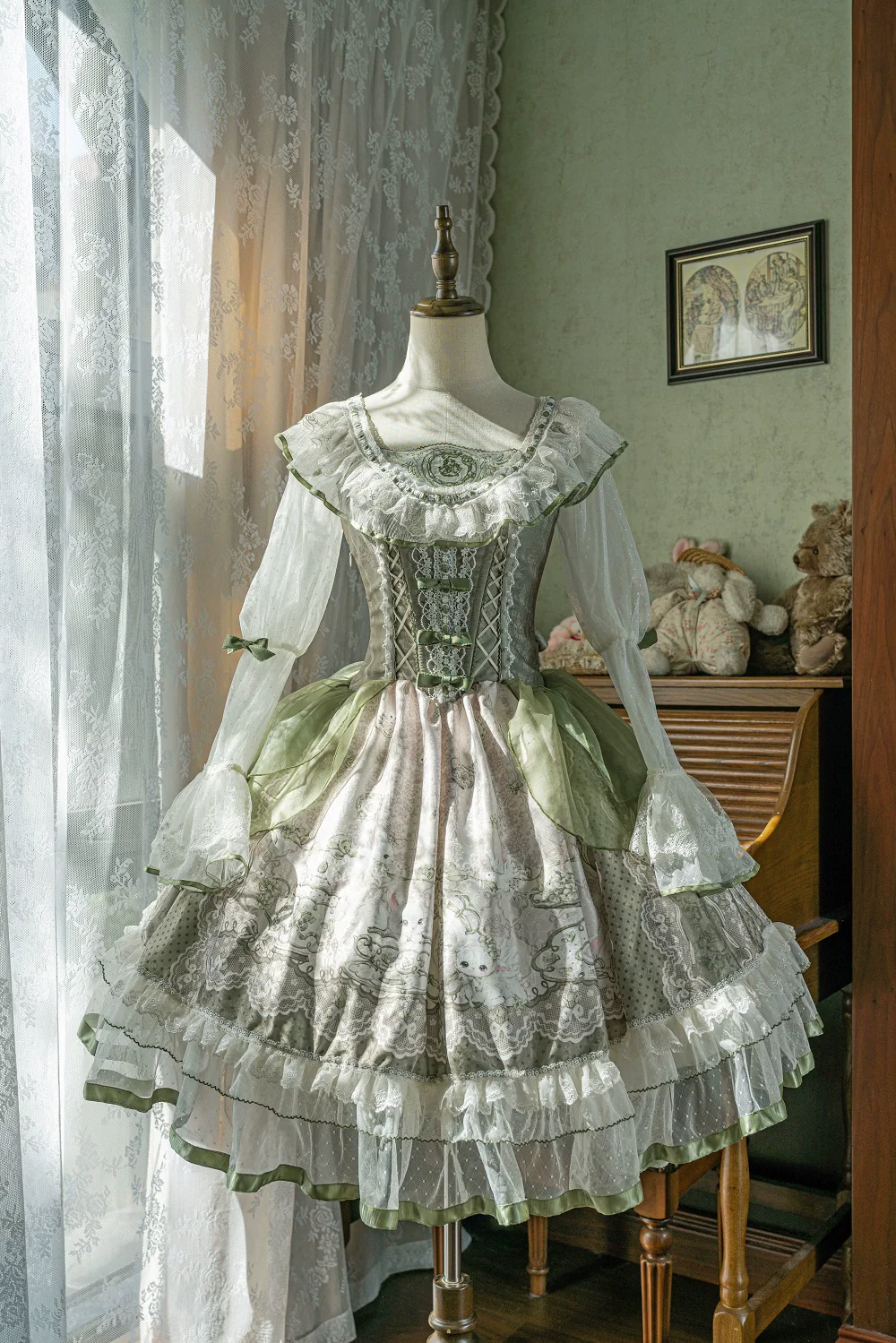Teacup Bunny - Classic Lolita OP Dress, Fresh Green Floral Print