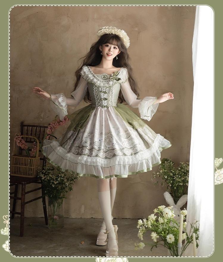 Teacup Bunny - Classic Lolita OP Dress, Fresh Green Floral Print - Image 10
