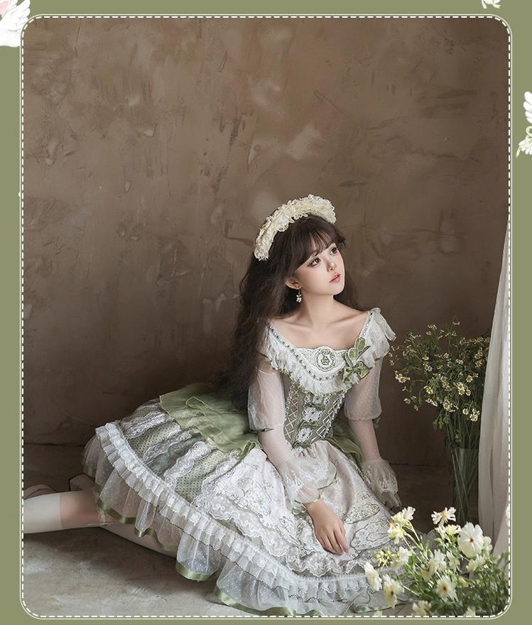 Teacup Bunny - Classic Lolita OP Dress, Fresh Green Floral Print - Image 13