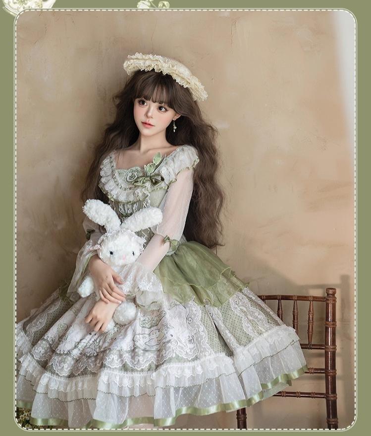 Teacup Bunny - Classic Lolita OP Dress, Fresh Green Floral Print - Image 14