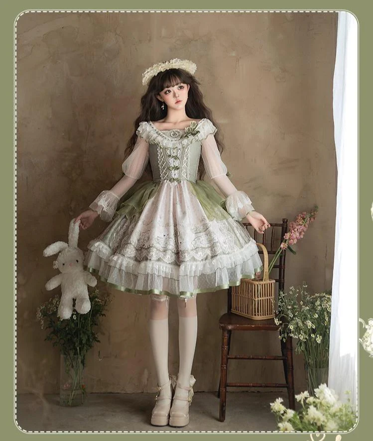 Teacup Bunny - Classic Lolita OP Dress, Fresh Green Floral Print - Image 2