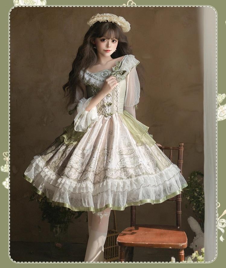 Teacup Bunny - Classic Lolita OP Dress, Fresh Green Floral Print - Image 3