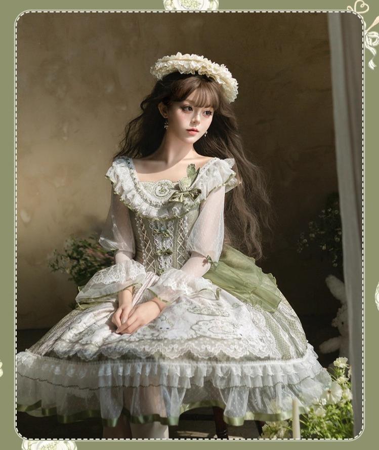 Teacup Bunny - Classic Lolita OP Dress, Fresh Green Floral Print - Image 4