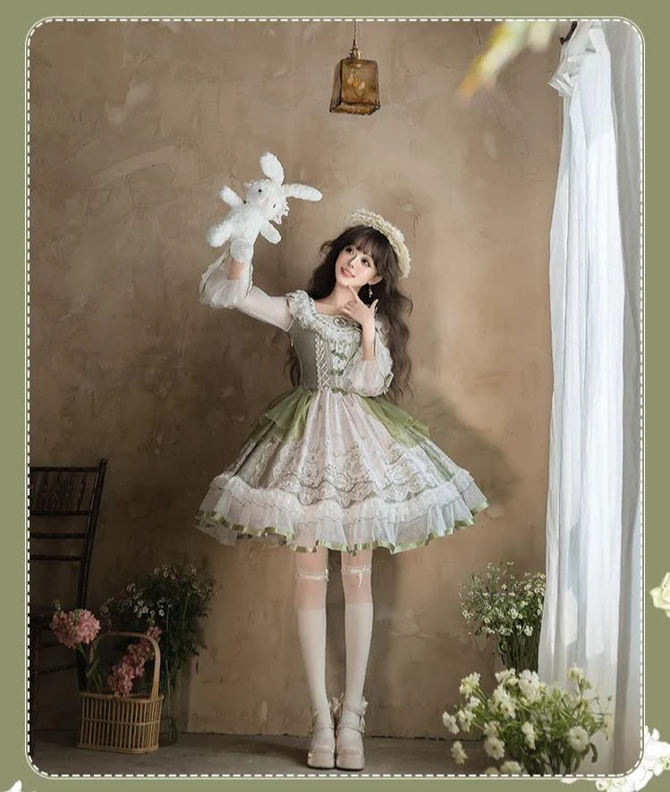 Teacup Bunny - Classic Lolita OP Dress, Fresh Green Floral Print - Image 5