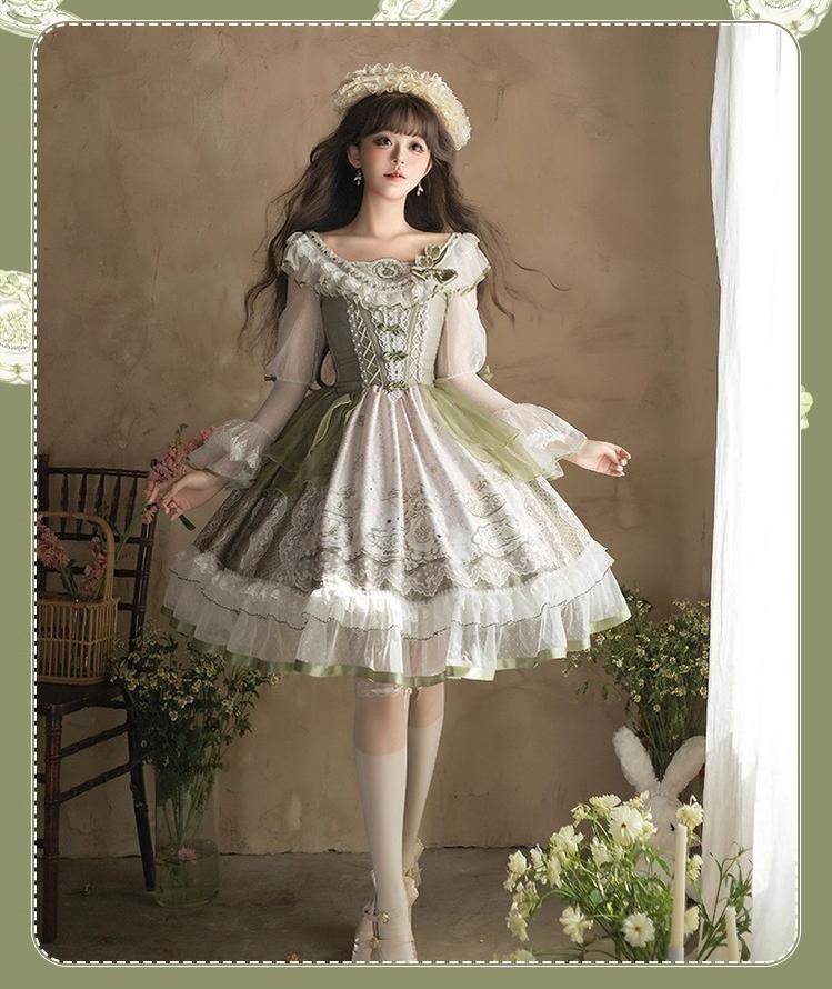 Teacup Bunny - Classic Lolita OP Dress, Fresh Green Floral Print - Image 6