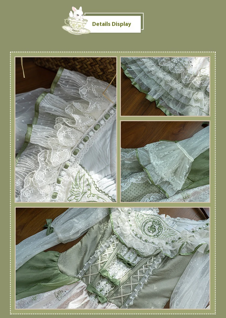 Teacup Bunny - Classic Lolita OP Dress, Fresh Green Floral Print - Image 7