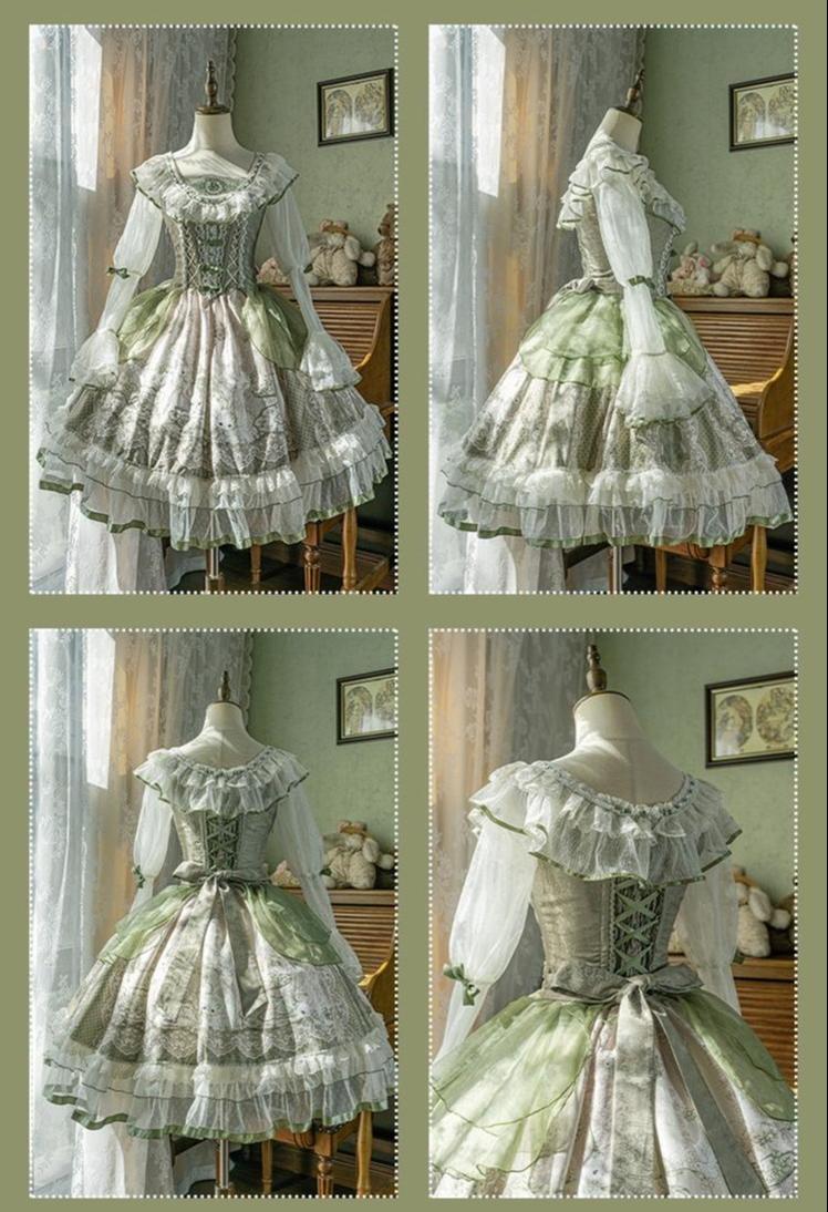 Teacup Bunny - Classic Lolita OP Dress, Fresh Green Floral Print - Image 8